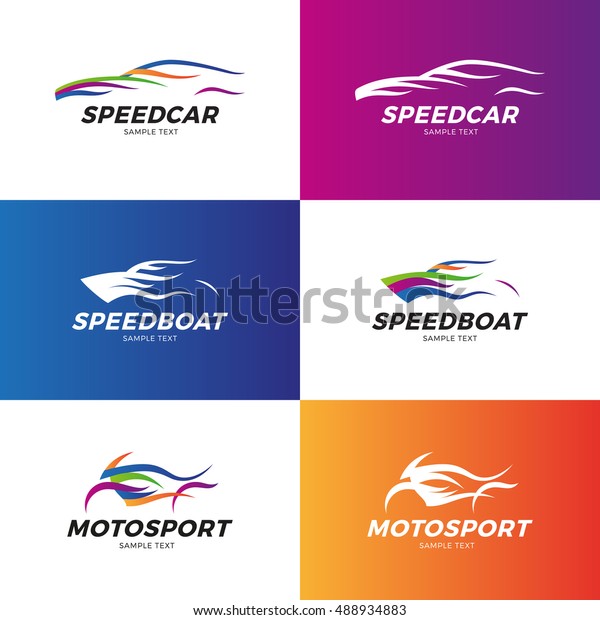 Speed Car, Boat, Moto Logo design set. Bright\
vector logotype icons with color strips. Simple and clear auto,\
sailing and motorcycle sign\
templates