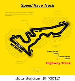 Speed car racing circuit road with sample text isolated on yellow background