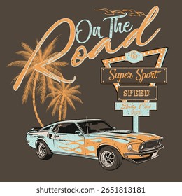 speed car sport arizona vintage tee print design palm slogan holiday summer san francisco american classic graphic burn effect background brush sun texas racing retro cars on the road