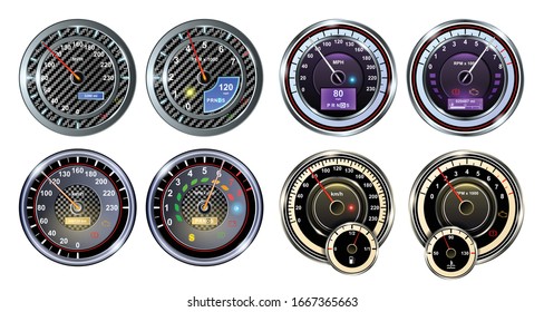 Speed of car vector realistic set icon. Isolated realistic set icon speedometer. Vector illustration auto meter on white background .