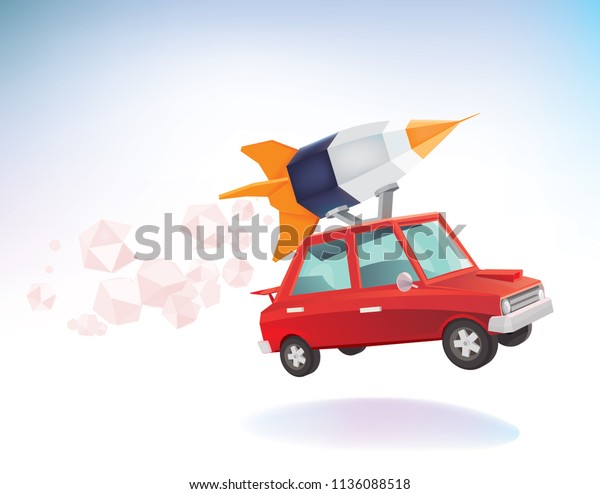 ロケット飛行を伴う赤い車のカートーンベクターイラストのスピードアップ のベクター画像素材 ロイヤリティフリー