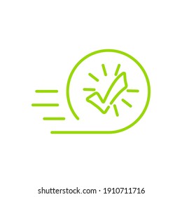 Geschwindigkeit und Prüfzeichen. Schnelle Entscheidung. Lineares Vektorsymbol einzeln auf weißem Hintergrund.