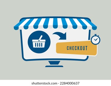 Speed up checkout experience concept for boost e-commerce conversions. Fast checkout experiences with shopping cart page, timer and checkout button. Vector illustration for digital marketing visuals