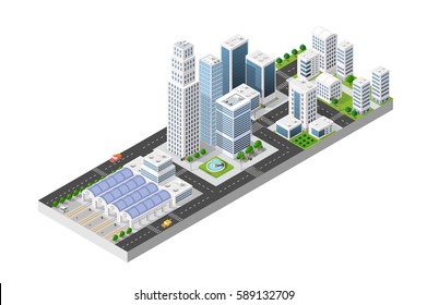 Speed City Station. Vector flat 3d isometric illustration of public transport. Freight transportation to carry large numbers of passengers.