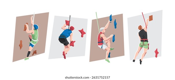Speed climbing. Male athlete characters. Extreme sport, climbing. Flat vector illustration.