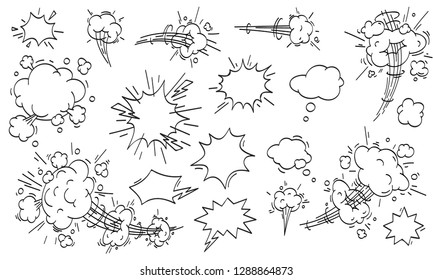 Speed Cloud Comic. Cartoon-Schnelligkeit-Wolken, Rauchwolken oder Puffwolken-Bewegungen. Comicbuch-Luftwind Sturm Explosion Vektorgrafik einzelne Symbole Set