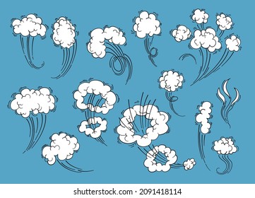 Speed cloud motion effect. Cartoon comic line clouds, moving smoke puff, funny fart, air jump blow wind dust, boom bubble explosion, spiral energy, windy shape neat vector. Illustration blue smoke