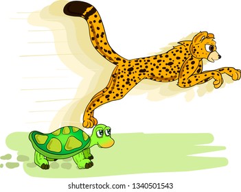 Speed competition between fast cheetah and slow turtle on white background.