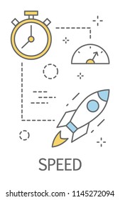 Speed concept. Idea of fast communication and content sharing. Line icon set with rocket, timer and speedometer. Isolated vector illustration