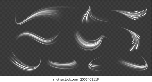 Speed connection background. Expressway, car headlight effect. Speed connection vector background. Png, line, blur, beam, ray, abstract, energy, pack, effect. Vector glowing lines air flow effect. 