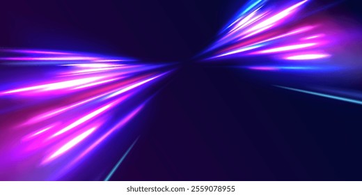 Speed connection background. Expressway, car headlight effect. Speed connection vector background. Png, line, blur, beam, ray, abstract, energy, pack, effect. Vector glowing lines air flow effect. 