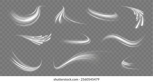 Speed connection background. Expressway, car headlight effect. Speed connection vector background. Png, line, blur, beam, ray, abstract, energy, pack, effect. Vector glowing lines air flow effect. 