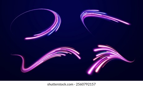 Speed connection background. Expressway, car headlight effect. Speed connection vector background. Png, line, blur, beam, ray, abstract, energy, pack, effect. Vector glowing lines air flow effect. 