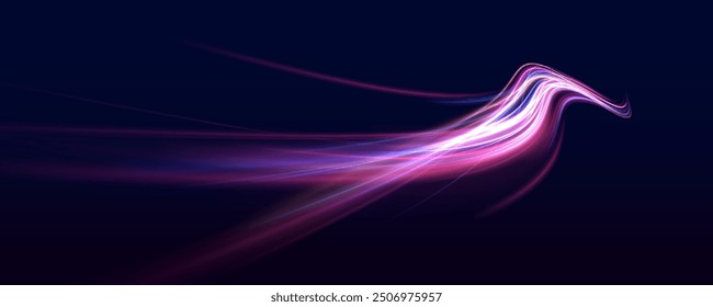 Speed connection vector background. Dynamic and Vibrant Abstract Art with Smooth Lines in Pink, Purple, and Blue on a Dark Background.	