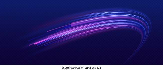 Plano de fundo do vetor de conexão de velocidade. Arte abstrata dinâmica e vibrante com linhas suaves em rosa, roxo e azul em um fundo escuro.	