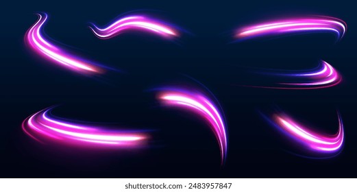 Speed connection vector background. A large set of low-poly designs made of thin lines in the form of branches, spirals and arcs. Light and stripes moving fast over dark background.