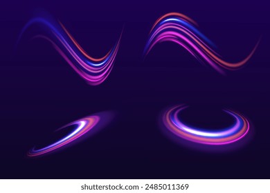 Speed connection vector background. A large set of low-poly designs made of thin lines in the form of branches, spirals and arcs. Light and stripes moving fast over dark background.