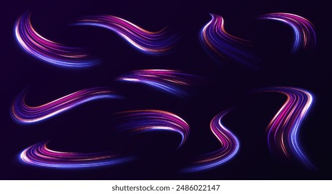 Speed connection vector background. A large set of low-poly designs made of thin lines in the form of branches, spirals and arcs. Light and stripes moving fast over dark background.