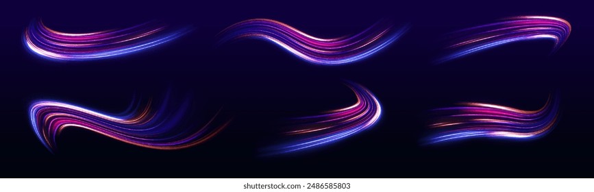 Speed connection vector background. A large set of low-poly designs made of thin lines in the form of branches, spirals and arcs. Light and stripes moving fast over dark background.