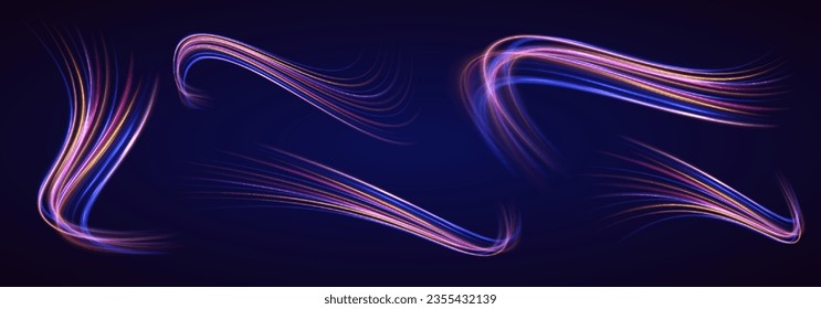 Speed connection vector background. Light and stripes moving fast over dark background. Database fast data transfer acceleration. Colorful dynamic motion on blue background.	