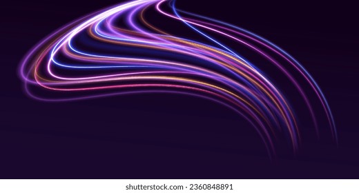Speed connection vector background. Light and stripes moving fast over dark background. Database fast data transfer acceleration. Colorful dynamic motion on blue background.	