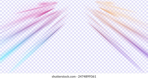 Speed connection vector background. Light and stripes moving fast over dark background. Racing cars dynamic flash effects city road with long exposure night ligh. Vector PNG.