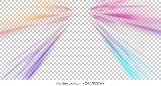 Speed connection vector background. Light and stripes moving fast over dark background. Racing cars dynamic flash effects city road with long exposure night ligh. Vector PNG.