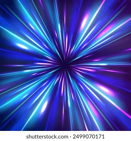 Speed connection vector background. Light and stripes moving fast over dark background. Database fast data transfer acceleration. Colorful dynamic motion on blue background.