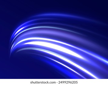 Speed connection vector background. Light and stripes moving fast over dark background. Database fast data transfer acceleration. Colorful dynamic motion on blue background.