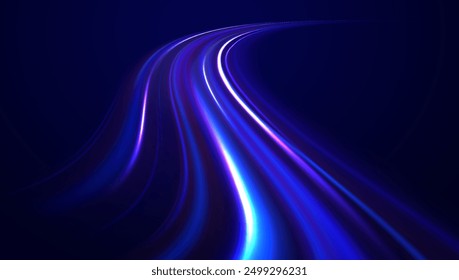 Speed connection vector background. Light and stripes moving fast over dark background. Database fast data transfer acceleration. Colorful dynamic motion on blue background.