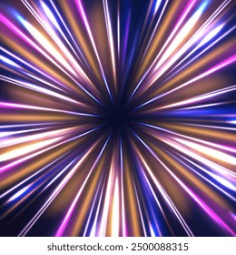 Speed connection vector background. Light and stripes moving fast over dark background. Database fast data transfer acceleration. Colorful dynamic motion on blue background.