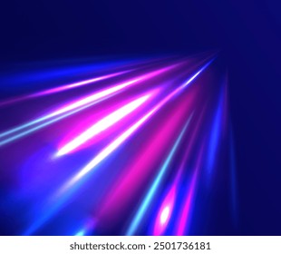Speed connection vector background. Light and stripes moving fast over dark background. Database fast data transfer acceleration. Colorful dynamic motion on blue background.