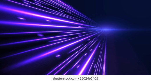 Speed connection vector background. Light and stripes moving fast over dark background. Database fast data transfer acceleration. Colorful dynamic motion on blue background.