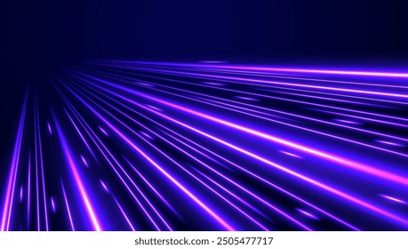 Speed connection vector background. Light and stripes moving fast over dark background. Database fast data transfer acceleration. Colorful dynamic motion on blue background.