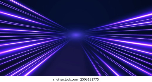 Speed connection vector background. Light and stripes moving fast over dark background. Database fast data transfer acceleration. Colorful dynamic motion on blue background.