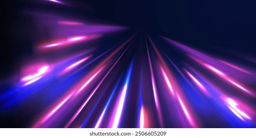 Speed connection vector background. Light and stripes moving fast over dark background. Database fast data transfer acceleration. Colorful dynamic motion on blue background.