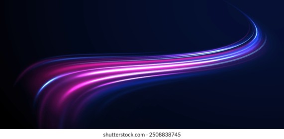 Plano de fundo do vetor de conexão de velocidade. Luz e listras movendo-se rapidamente sobre fundo escuro. Aceleração rápida da transferência de dados do banco de dados. Movimento dinâmico colorido sobre fundo azul.