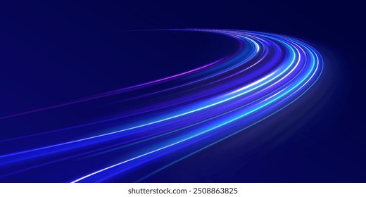 Speed connection vector background. Light and stripes moving fast over dark background. Database fast data transfer acceleration. Colorful dynamic motion on blue background.