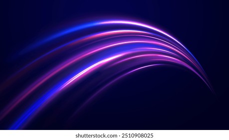 Speed connection vector background. Light and stripes moving fast over dark background. Database fast data transfer acceleration. Colorful dynamic motion on blue background.