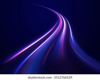 Plano de fundo do vetor de conexão de velocidade. Luz e listras movendo-se rapidamente sobre fundo escuro. Aceleração rápida da transferência de dados do banco de dados. Movimento dinâmico colorido sobre fundo azul.