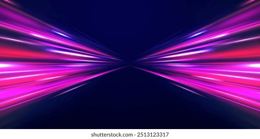 Speed connection vector background. Light and stripes moving fast over dark background. Database fast data transfer acceleration. Colorful dynamic motion on blue background.