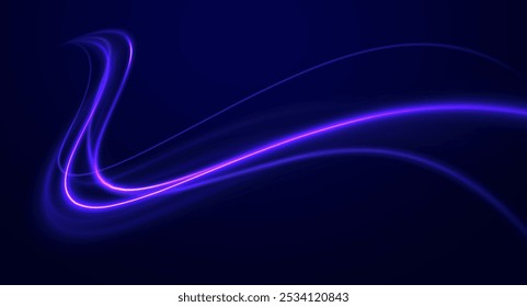 Speed connection vector background. Light and stripes moving fast over dark background. Database fast data transfer acceleration. Colorful dynamic motion on blue background.