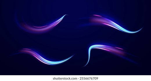 Speed connection vector background. Png, line, blur, beam, ray, abstract, energy, pack, effect. Vector glowing lines air flow effect. Speed connection background. Expressway, car headlight effect.