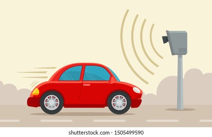 Speed control camera. Car speed monitoring radar on highway. Urban transport. Vector illustration, flat design, cartoon style. Isolated background. Side view.