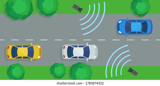 Speed control camera on highway, top view. Car speed monitoring radar on road, both directions. Urban transport. Vector illustration, flat design, cartoon style.