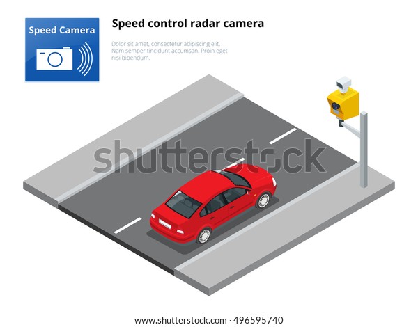 A speed control radar camera. Red sedan car. Urban\
transport. Can be used for advertisement, infographics, game or\
mobile apps icon. 