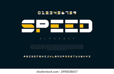 Speed creative geometric modern urban alphabet font. Digital abstract futuristic, fashion, sport, minimal technology typography. Simple numeric vector illustration