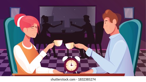 Speed dating flat composition with indoor club scenery and doodle characters of couple with alarm clock vector illustration