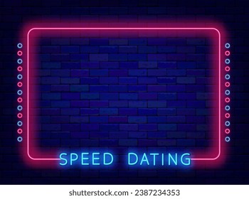 Speed dating neon banner. Space for text. Night show advertising. Romantic meeting. Pink frame with circles. Love searching. Marriage agency. Minimal flyer. Glowing poster. Vector stock illustration