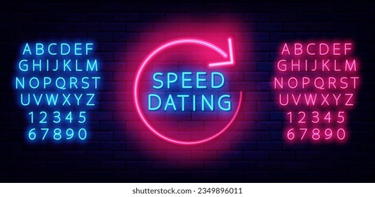 Speed dating neon label. Circle arrow frame. Shiny romantic badge on brick wall. Congratulations design. Glowing blue and pink alphabet. Agency acquaintance event. Vector illustration